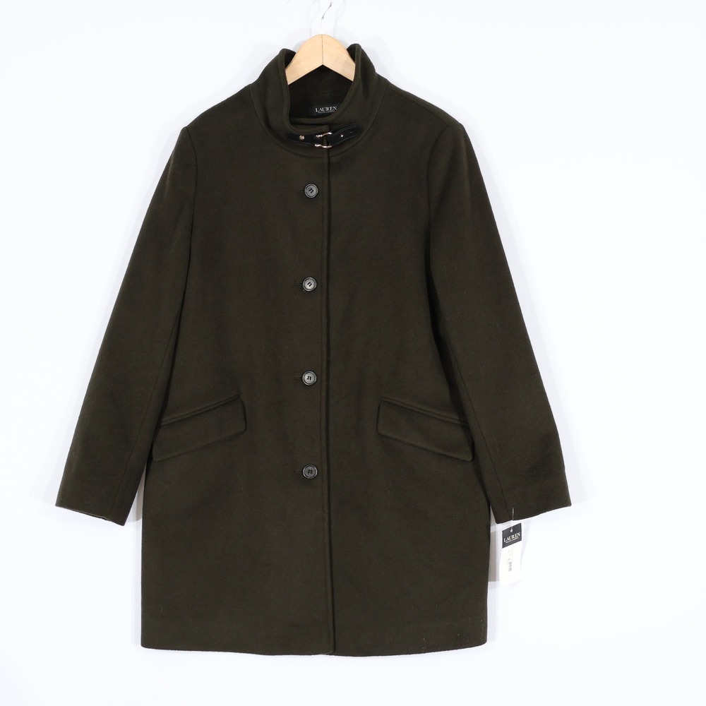 Lauren Ralph Lauren Walking Coat Women 14 Green Wool Blend Funnel Neck $235 NWT